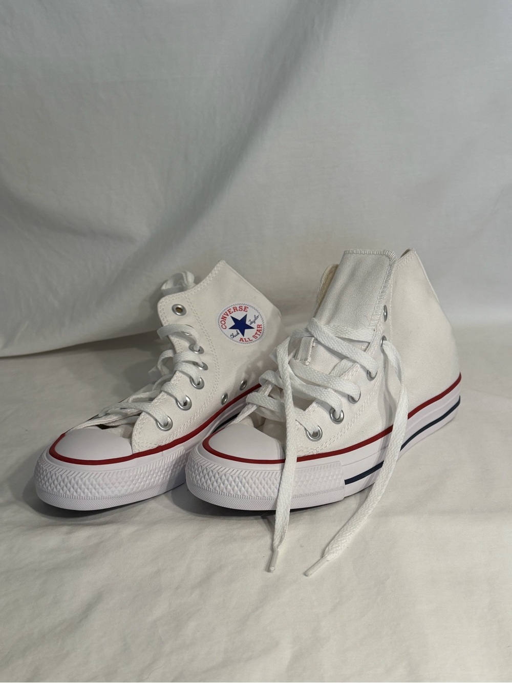 Converse Kids White High Top Sneakers with Red & Navy Trim